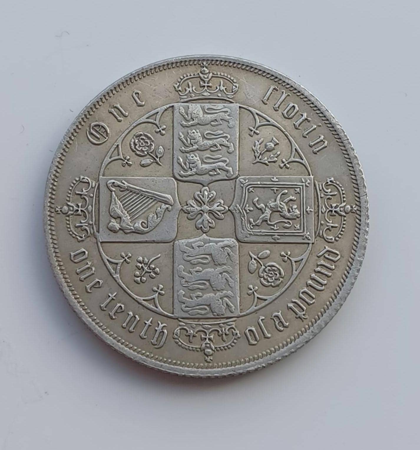 ヴィクトリア女王フローリン硬貨、1857年ゴシックヘッド再鋳造、銀