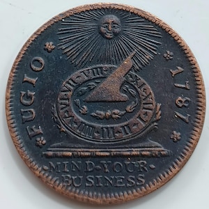 1787 Fugio Cent, 1C, Kupfermünze aus der Kolonialzeit, USA, Rückprägung.
