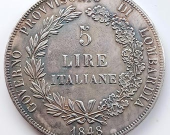 イタリア　5リラ　銀貨　1874年　5lire アンティーク ヴィンテージ イタリア 5 リラ 1874 銀貨。イタリア王国