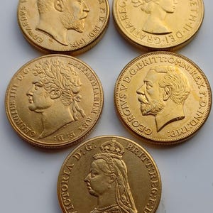 British Sovereign Coin,  Monarch Set, 22c Gold Plated, 5 coins