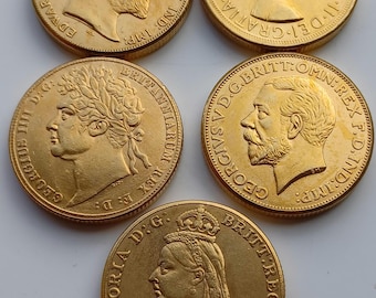 British Sovereign Coin,  Monarch Set, 22c Gold Plated, 5 coins