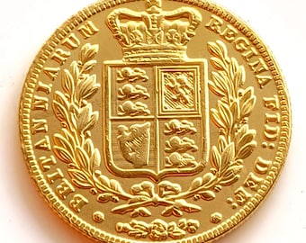 Moneda coleccionable de la Reina Victoria *1841*, Soberano con dorso de escudo y reacuñación bañada en oro.