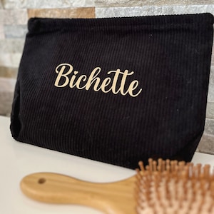 Grande trousse de toilette et maquillage en velours côtelé avec prénom ou phrase personnalisée, idée cadeau Noël