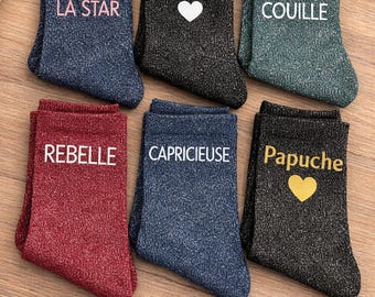 Chaussettes pailletées personnalisables, idée cadeau unique fête, anniversaire
