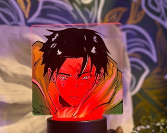 Pintura de vidrio invertida de Levi Anime con base LED: arte de anime iluminado y pintado a mano sobre lámina de acrílico / Decoración del hogar y obsequio para fanáticos del anime