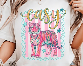 Easy Tiger PNG, Preppy Striped Aesthetic Design, Trendy Coquette Quote Graphic, Cute Retro Style Sublimation Download