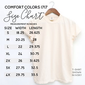 May include: Size chart for t-shirts in ivory, showing width and length measurements in inches for sizes S through 4X.
