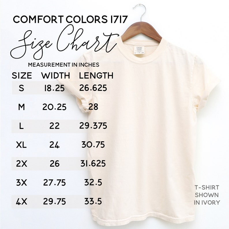 May include: Size chart for t-shirts in ivory, showing width and length measurements in inches for sizes S through 4X.