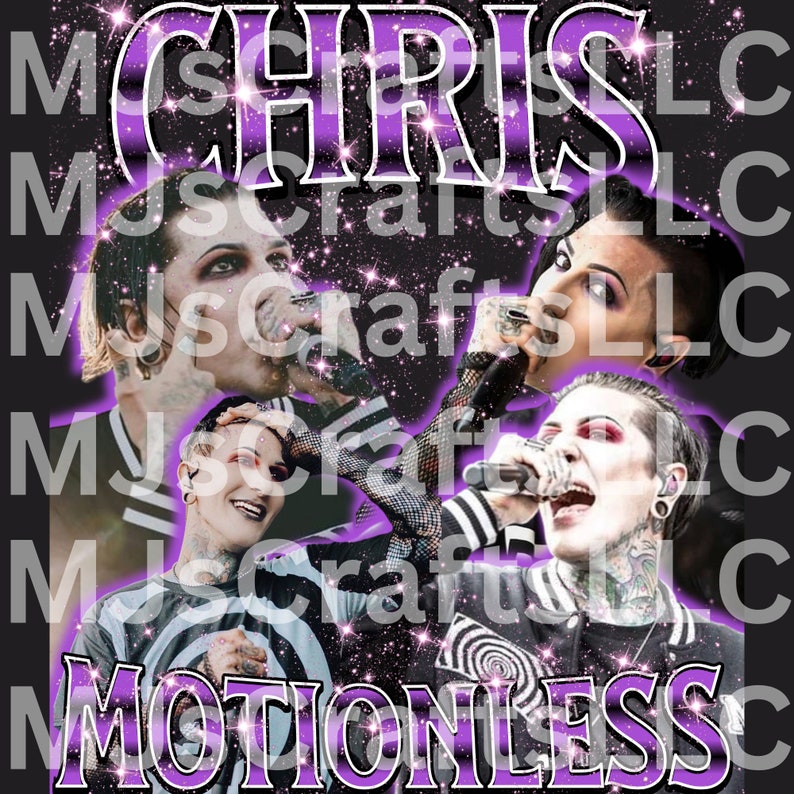 May include: A black and white graphic design featuring the band Motionless in White. The band's name is written in large purple letters with a glittery background. The image features three band members, each with a microphone, and a black and white background.