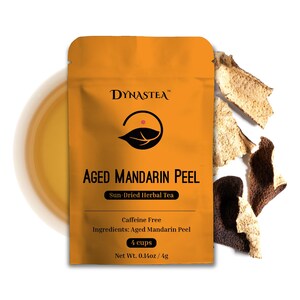 May include: A yellow pouch with the text "DYNASTEA" and "AGED MANDARIN PEEL" in black. The pouch contains 4 cups of caffeine-free sun-dried herbal tea made with aged mandarin peel. The pouch is on a white background with pieces of dried mandarin peel.