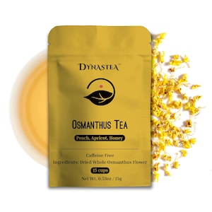 May include: A gold pouch of Osmanthus tea with the brand name Dynasea and the text "Osmanthus Tea, Peach, Apricot, Honey, Caffeine Free, Ingredients: Dried Whole Osmanthus Flower, 15 cups, Net Wt. 0.53oz/15g".