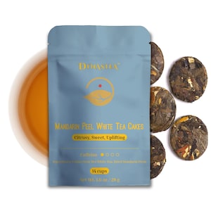 May include: A light blue pouch of Mandarin Peel White Tea Cakes with the brand name "Dynastea". The pouch has text that reads "Citrusy, Sweet, Uplifting" and "14 cups". Several tea cakes are to the right of the pouch. Net weight is 1.0 oz / 28 g.