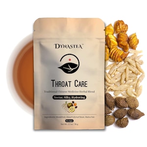 May include: A beige pouch of "DYNASTEA" Throat Care tea with a leaf logo. The pouch lists ingredients and "Nectar, Silky, Hydrating." Dried herbs and tea are scattered around the pouch. Net weight is 2.7 oz / 76 g.