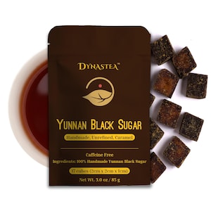 May include: A brown packet of Dynastea Yunnan Black Sugar with a cup of tea. The packet includes the text "Yunnan Black Sugar" and "Handmade, Unrefined, Caramel". The image also shows 17 cubes of black sugar, each measuring approximately 0.8 inches.