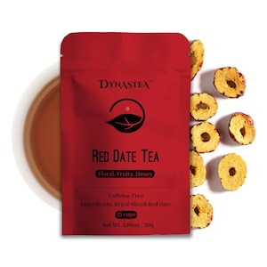 May include: Red pouch with a red date tea label. The label says "DYNASTEA" and "RED DATE TEA" with the tagline "Floral, Fruity, Honey". The label also says "Caffeine Free" and "Ingredients: Dried Sliced Red Date". The pouch contains 15 cups of tea and weighs 1.06oz/30g. There are dried red dates on a white background.