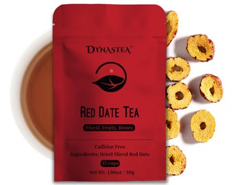 May include: Red pouch with a red date tea label. The label says "DYNASTEA" and "RED DATE TEA" with the tagline "Floral, Fruity, Honey". The label also says "Caffeine Free" and "Ingredients: Dried Sliced Red Date". The pouch contains 15 cups of tea and weighs 1.06oz/30g. There are dried red dates on a white background.