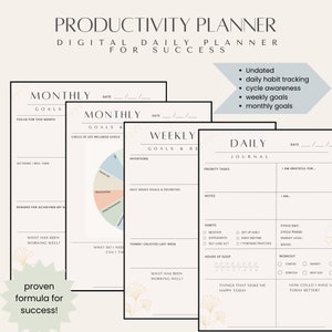 May include: Digital productivity planner with undated monthly, weekly, and daily pages. Features include habit tracking, cycle awareness, and goal setting. The planner has a beige background with gold floral accents and the text "Productivity Planner".