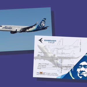 May include: An Alaska Airlines Embraer 175 LR aircraft in flight against a blue sky. A diagram of the plane with specifications, including a 104 ft wingspan, is also shown. The tail features a stylized face.