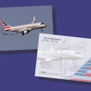 American Eagle ERJ 170 / 175 Set mit 25 Flugzeug-Sammelkarten - 2,5 "x 3,5" - Airliner-Sammlerkarte - KOSTENLOSER VERSAND