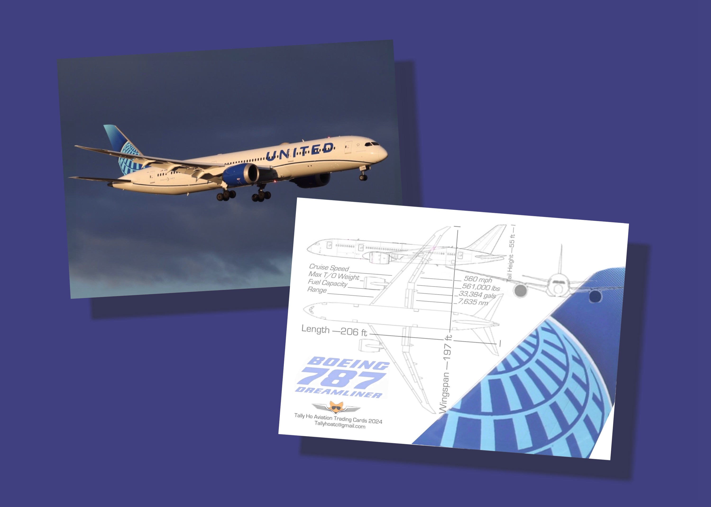 Conjunto de 25 tarjetas coleccionables de aviones Boeing 787 de United  Airlines - 2,5\, image size:2999x2142