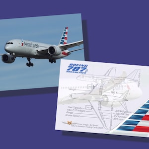 Boeing 787-8 de American Airlines - Juego de 25 tarjetas coleccionables de aviación - 6,35 cm x 8,99 cm - Tarjeta de colección de avión comercial - ENVÍO GRATIS