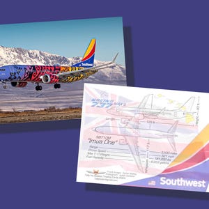 Conjunto de 8 50 cards colecionáveis de aviões Southwest Airlines 737 Max - 6,35 cm x 8,99 cm - Carta colecionável de aviões - Cores "Imua One"