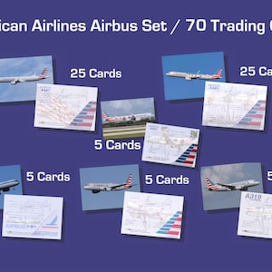 May include: A collection of 70 American Airlines Airbus trading cards. The cards feature images of airplanes in flight and on the ground, along with schematics. The set includes cards with 25 and 5 cards each.