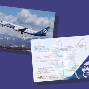 Alaska Fluglinien Boeing 737 Max 9 - Set mit 25 Sammelkarten - 6,5 x 9 cm - Airliner Collector Card - KOSTENLOSER VERSAND