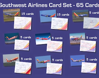 Southwest Airlines 737 Set#1 / 65 Cartões colecionáveis de aviões - 2,5" x 3,5" - Cartões colecionáveis de aviões - 9 aeronaves diferentes