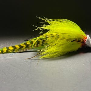 May include: A vibrant yellow and green fishing lure with a white head and black hook. The lure features a combination of feathers and patterned materials, designed to attract fish. The lure is designed for fly fishing.