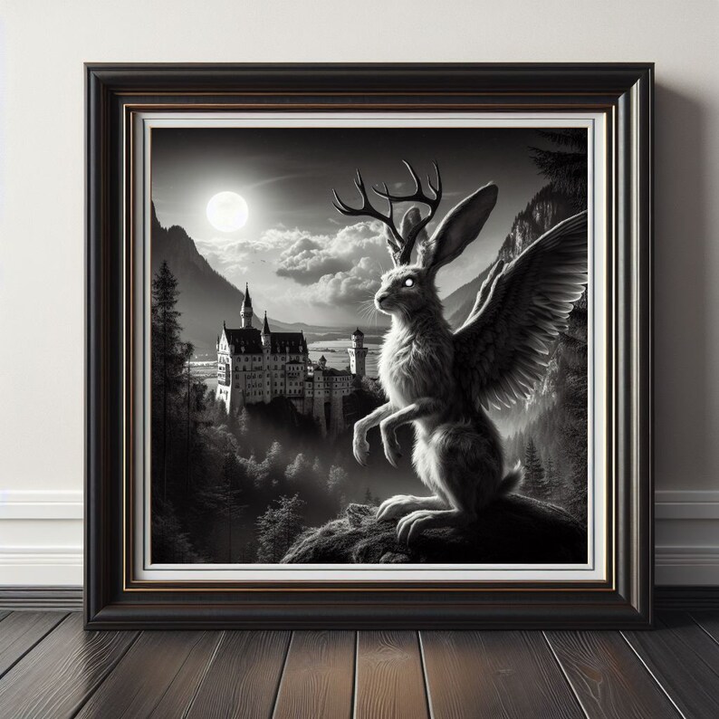 Wolpertinger under the full moon with a castle, as a digital download in PNG format 841 841 mm, wall art image 1