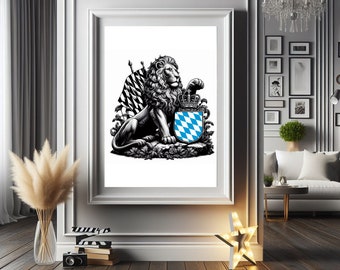 Bavarian lion with flag and coat of arms, as a digital download in PNG A1 format (59.4 × 84.1 cm), wall art