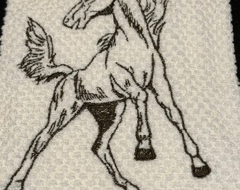 Embroidered hand towel, kitchen towel:  Mustang