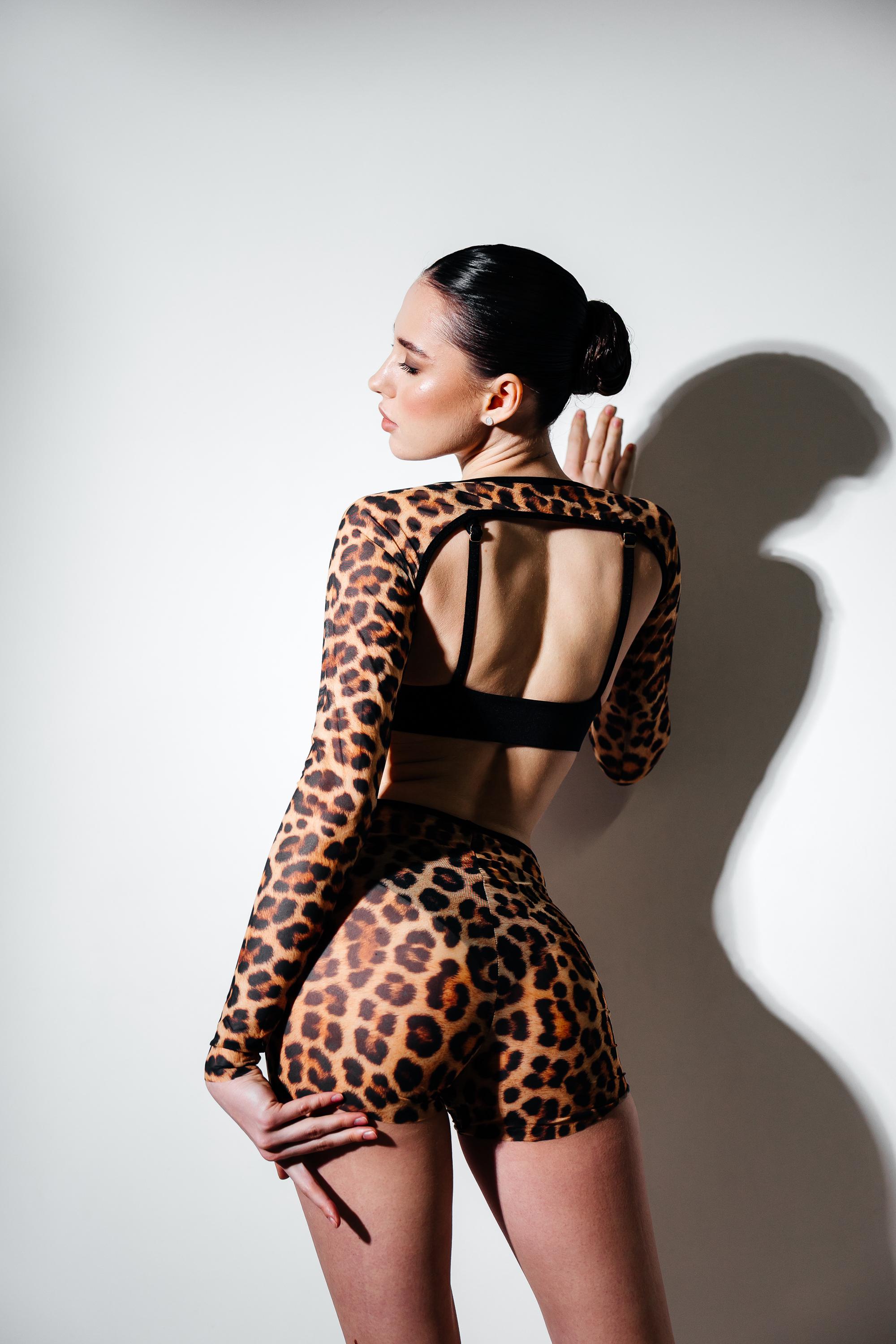 Leopard Mesh Pole Dance Outfit - Sheer Sleeves & Shorts, Exotic Wear