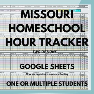 Può includere: Un foglio di calcolo digitale Missouri Homeschool Hour Tracker per Google Sheets, con una griglia per monitorare le ore settimanali per materia, trimestre e studente, con campi per grado, età e anno scolastico.