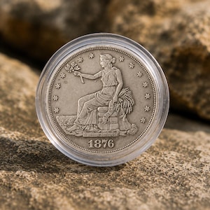 Peut inclure: Une pièce de monnaie argentée enfermée dans une capsule de protection en plastique transparent. La pièce représente une figure assise tenant une branche, avec le texte LIBERTY sur une bannière, IN GOD WE TRUST sur une base et 1876 en bas.