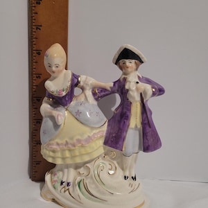 Vintage Coventry Made in USA Colonial Courtship Figurine - Purple & Gold Glaze Porcelain Couple 5016A
