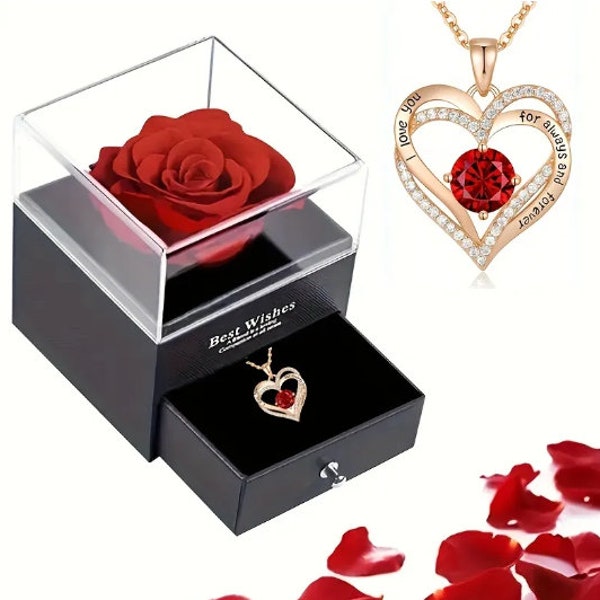 Red Zircon Pendant Necklace with a Rose-Adorned Gift Box - Perfect for Girlfriend, Women, and I Love You Gifts - Valentine's Day Jewelry