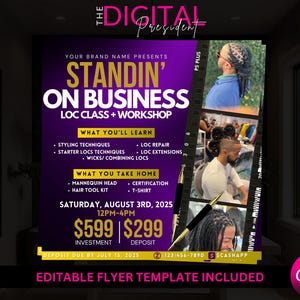 Pode incluir: Um folheto roxo e dourado com o texto "Standin' On Business" e "Loc Class + Workshop". O folheto anuncia um workshop sobre locs, incluindo técnicas de penteado, reparo de locs e extensões de locs. O folheto também inclui a data e hora do workshop, o preço e as informações de contato.