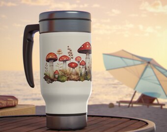 Mushrooms in watercolor style. Stainless Steel Travel Mug with Handle, 14oz