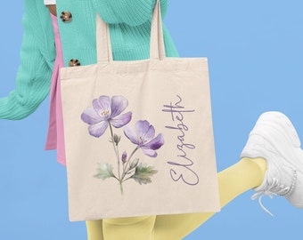 Bolso de mano de flores personalizado, bolso de mano con nombre personalizado, bolso de lona personalizado, regalo de flores del mes de nacimiento, regalo personalizado para mejores amigos