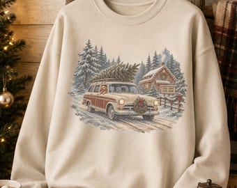 Vintage Christmas Sweatshirt, Christmas Tree Farm Shirt, Retro Station Wagon Christmas, Vintage Holiday Crewneck, Dog Christmas Sweatshirt