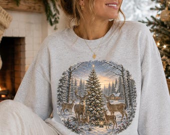 Vintage Christmas Sweatshirt,  Christmas Crewneck, Deer Sweatshirt, Snowy Forest Christmas, Retro Holiday Sweatshirt