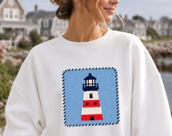 Lighthouse Sweatshirt Coastal Nautical Crewneck Knit Style Beach Lover Gift Maritime Seaside Cottage Sweatshirt New England Coastal Style