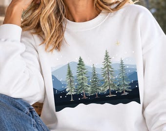 Christmas Tree Sweatshirt, Snowy Mountain Crewneck, Winter Forest Sweatshirt, Evergreen Tree Nature Lover Gift, Mountain Lover Gift