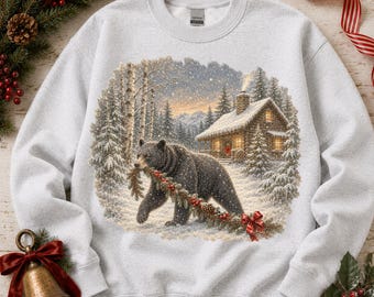 Vintage Christmas Bear Sweatshirt, Black Bear Christmas Shirt, Cozy Cabin Winter Scene, Retro Woodland Christmas Crewneck, Holiday Gift