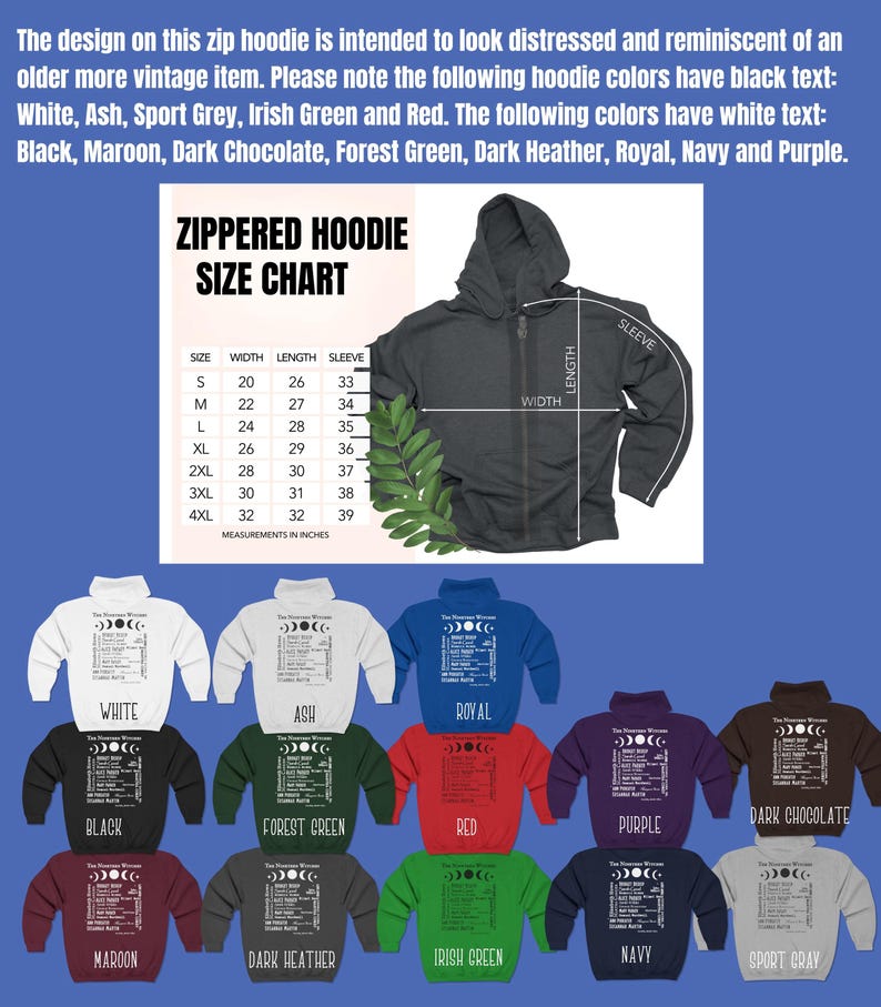 Op de afbeelding: Een donkergrijze hoodie met rits en een maattabel met afmetingen in inches. Hieronder staan twaalf hoodies in verschillende kleuren afgebeeld vanaf de achterkant, elk met een maanfase-afbeelding en tekst met ingredi&euml;nten.