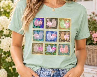 May include: A light green short-sleeved t-shirt featuring a grid of nine square illustrations. Each square depicts a bird with a pink bow against a unique patterned background, including floral, textured, and solid color designs.