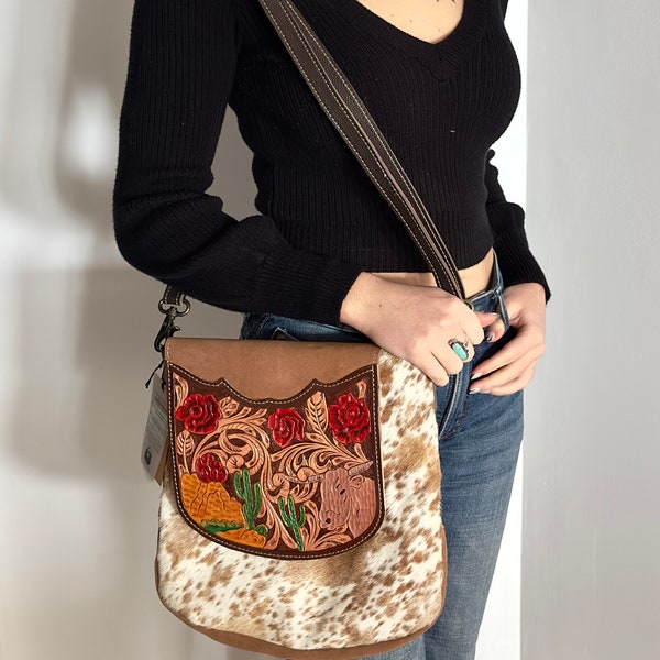 Womens Leather and Cowhide Crossbody, Hand Tooled Leather, Western bag, Cowhide bag, Crossbody Bag, Ecofriendly Purse