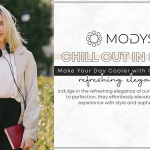 May include: A woman holding a gold glitter tumbler with a straw. The text "MODYST CHILL OUT IN STYLE Make Your Day Cooler with Our Tumblers refreshing elegance" is displayed on a white background.